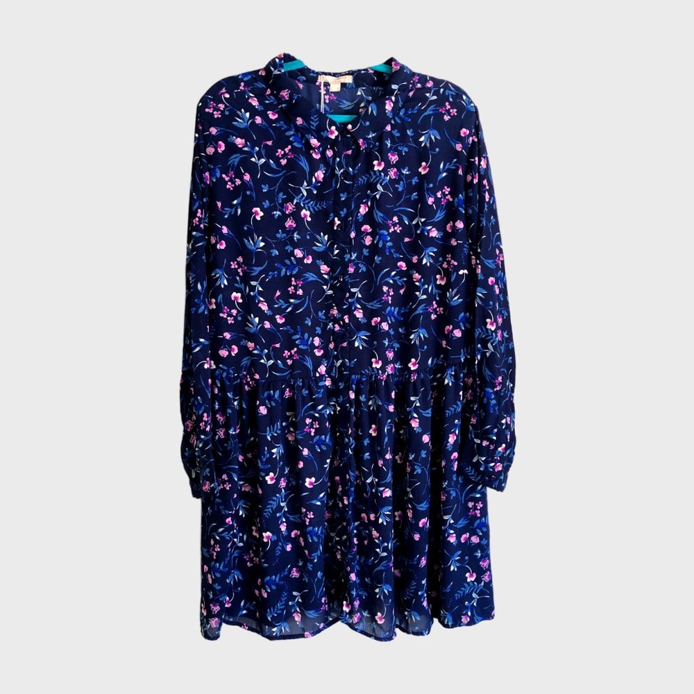 Woman Within Long Sleeve Blue Floral Button Up Dress w Tie Back size 2X 26 28